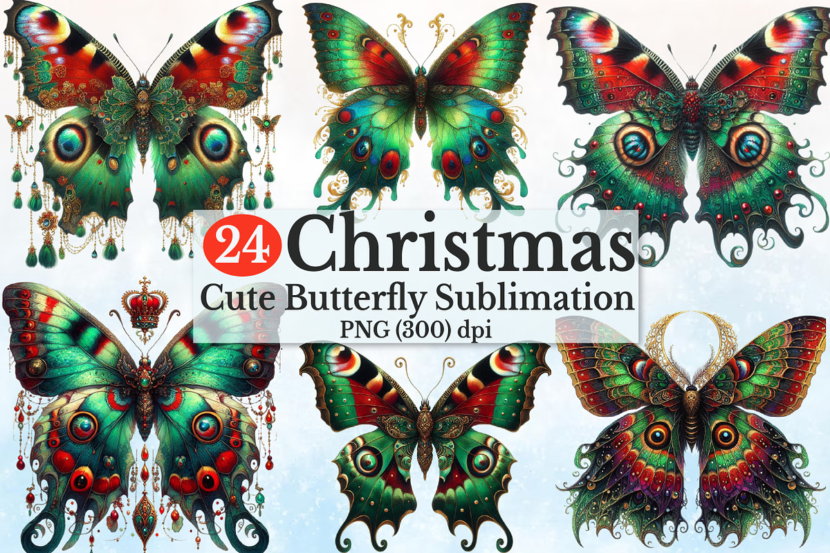 Watercolor Christmas Butterfly Clipa, a Seasonal Illustration by Rose Art (Photo 1 of 7)