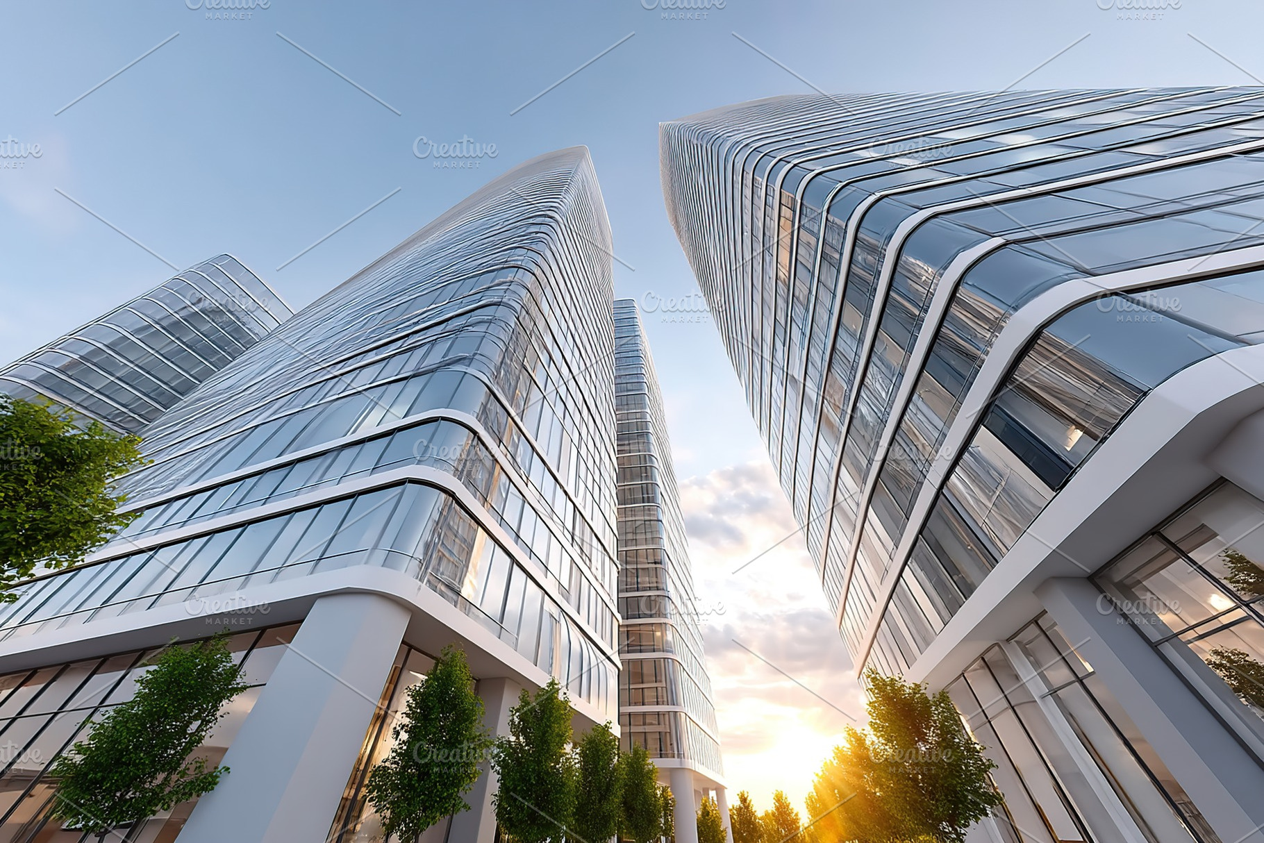 Modern skyscrapers basking in sunlight during a clear evening in a bustling urb, a Business Photo by AlyaAnd