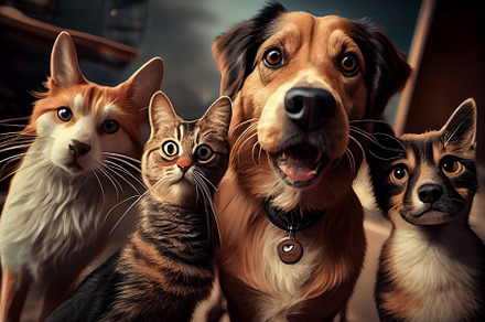 Gang of dogs and cats taking a selfie shot