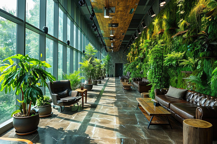 Interior of a hotel lobby with a lot of plants and furniture, an Architecture Photo by AS photostudio