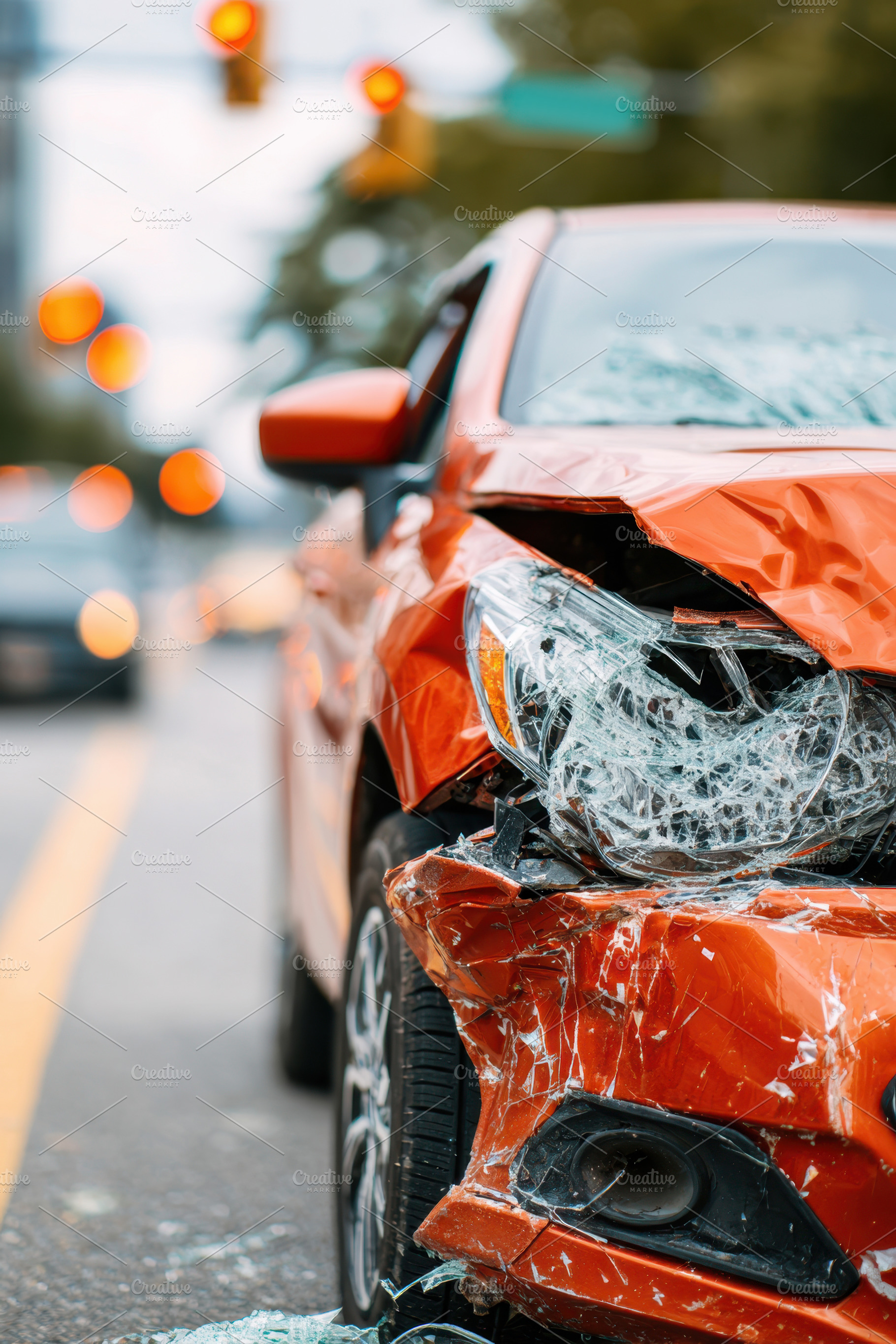 Damaged red car after accident on city street, a Transportation Photo by AlyaAnd
