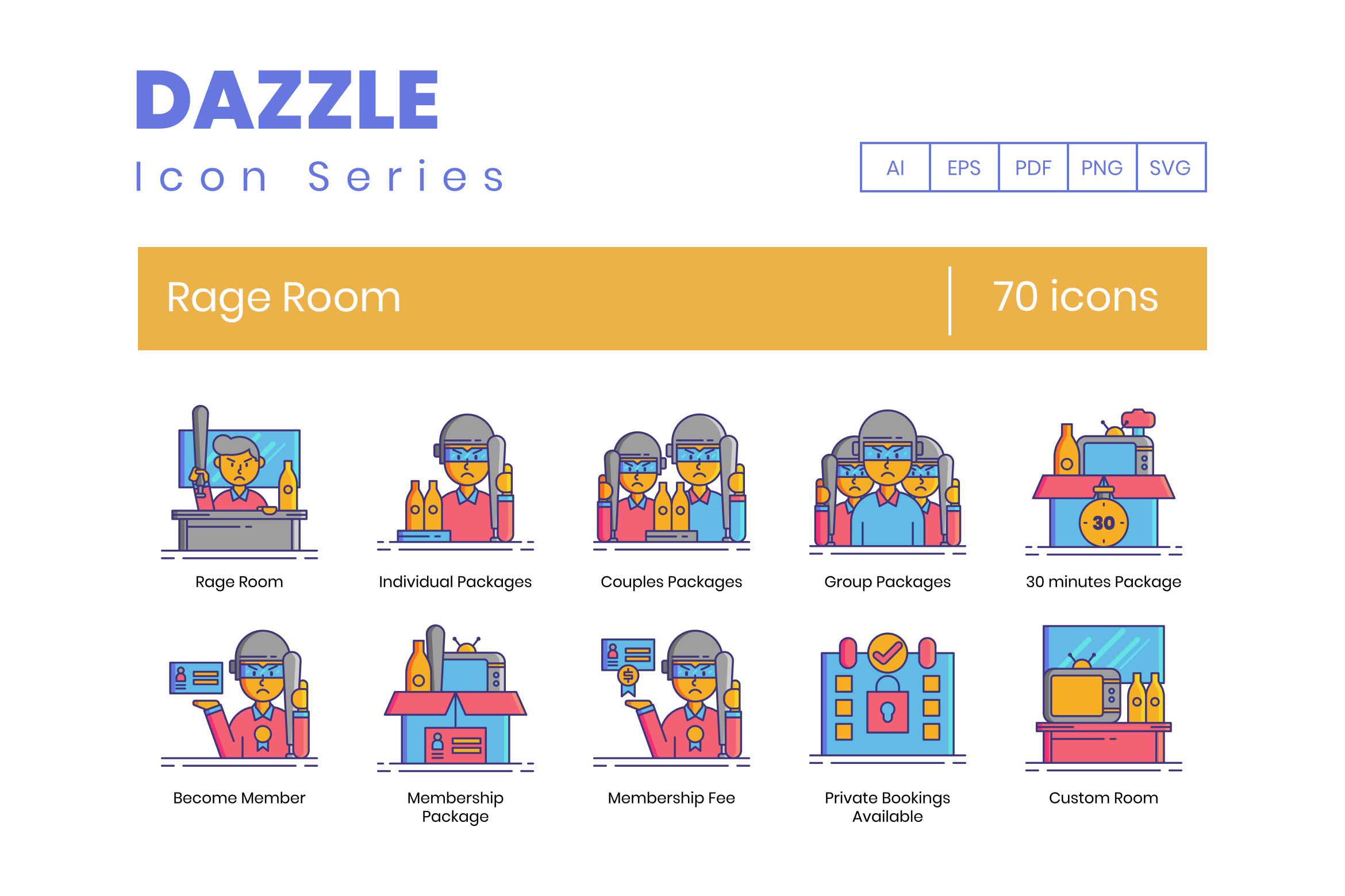 70 Rage Room Icons - Dazzle Series, an Outline Icon by Flat Icons