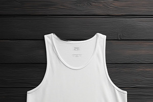 A plain white tank top mockup laid flat on a dark wooden surface, showcasing it