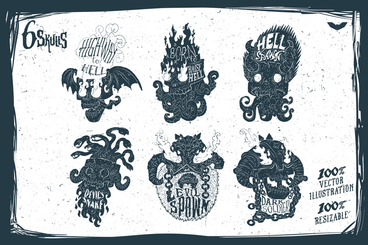 6 Vector Skulls, an Illustration by PaperBat (Photo 2 of 4)