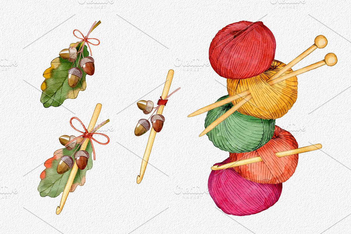 Hand drawn watercolor knittig set, an Illustration by OlyaSenko (Photo 4 of 6)