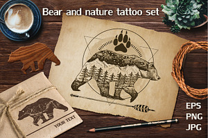 Bear & nature double exposure tattoo