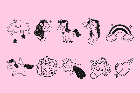 Cute Unicorn & Rainbow Doodle Set preview 2