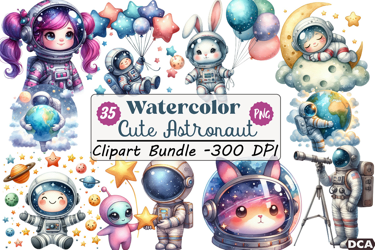 Watercolor Cute Astronaut Clipart, an Illustration by DreamCafeArt (Photo 1 of 7)