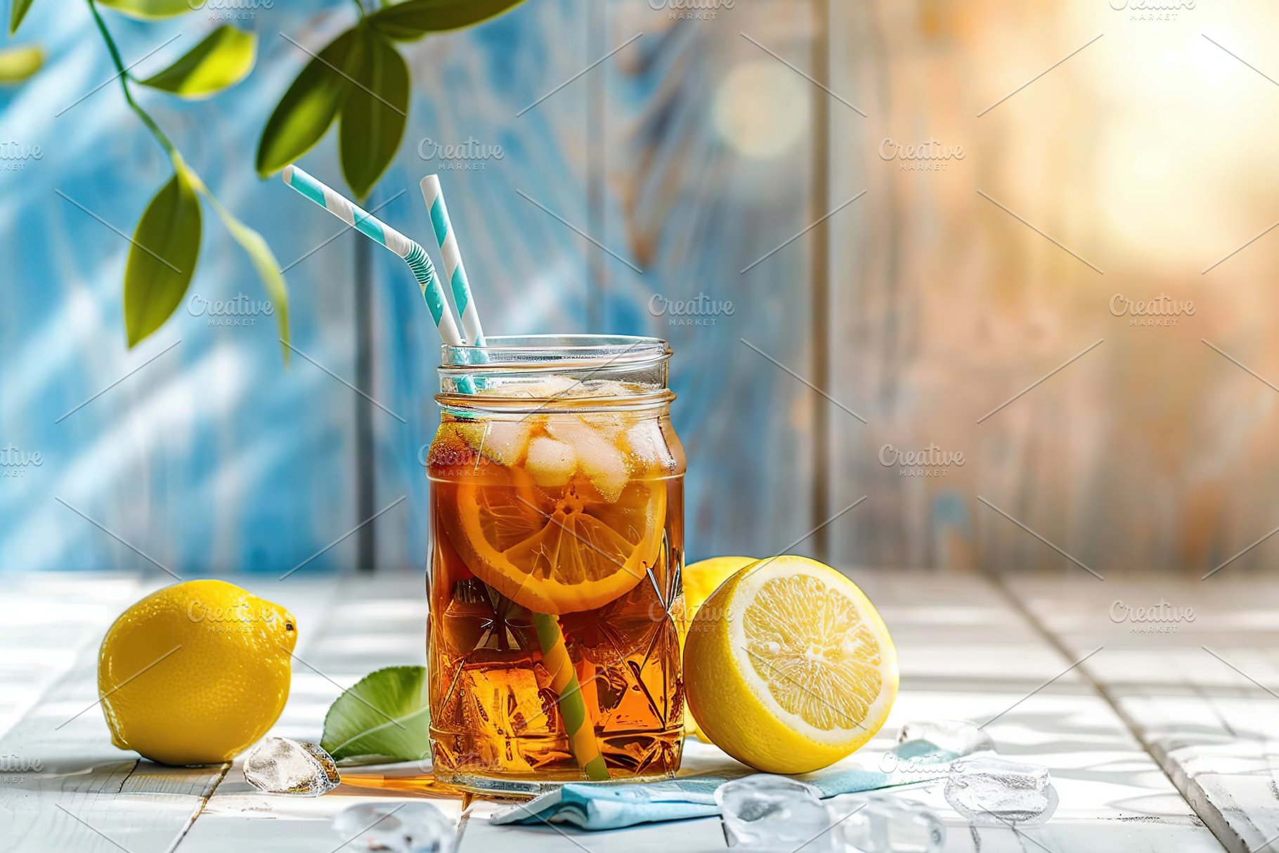 Glass jar with iced tea and lemon on wooden table, a Food & Drink Photo by AlyaAnd