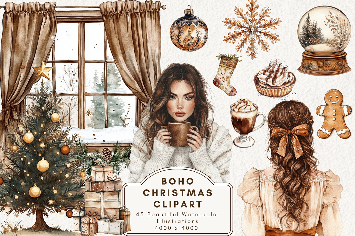Boho Christmas Clipart, an Illustration by NadiaTheronArt (Photo 1 of 5)