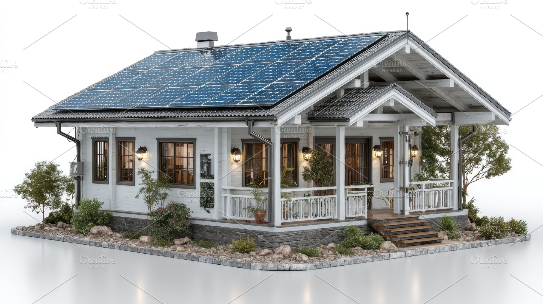 Eco-friendly cottage with solar panels on roof surrounded by lan, a Technology Photo by José Manuel Gelpi