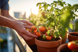 Harvesting ripe tomatoes on a balcony at sunset, a Food & Drink Photo by AlyaAnd