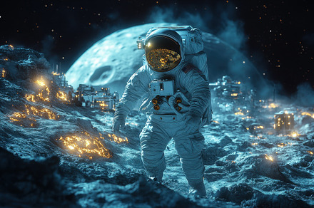 Astronaut exploring a lunar landscap, a Photo by Tanuart