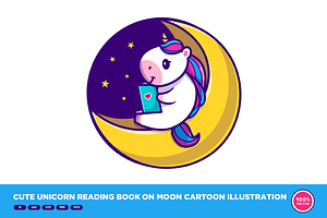 Cute Unicorn Reading Book On Moon