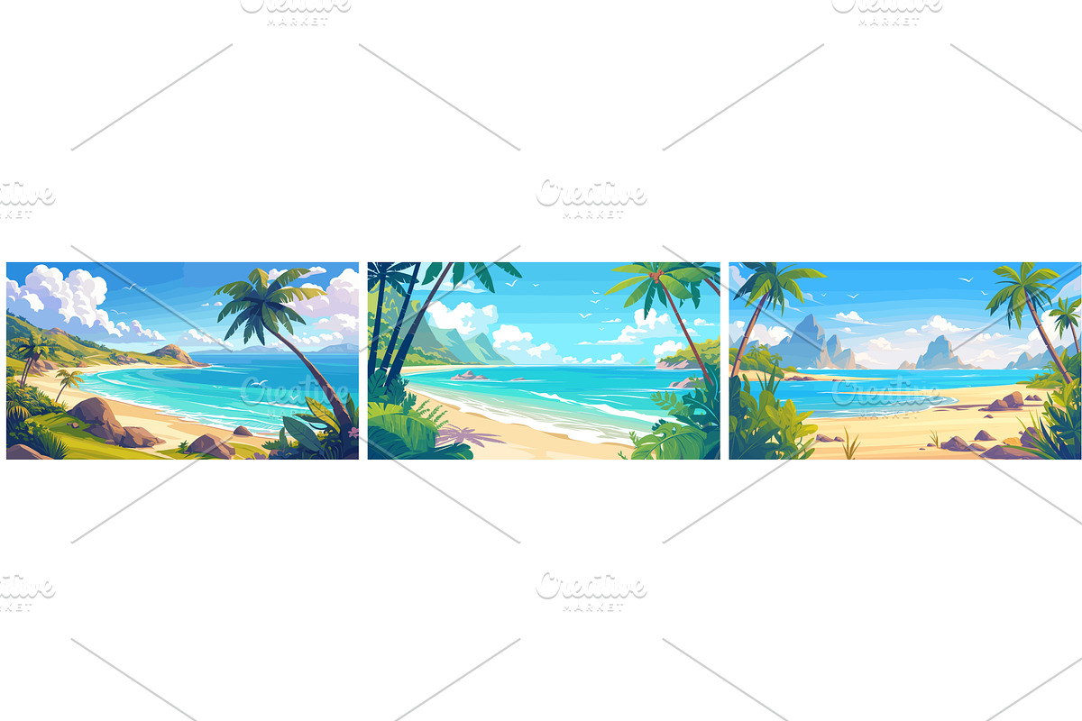 Beaches landscape set. Tropical, an Illustration by Stock-Smart-Start