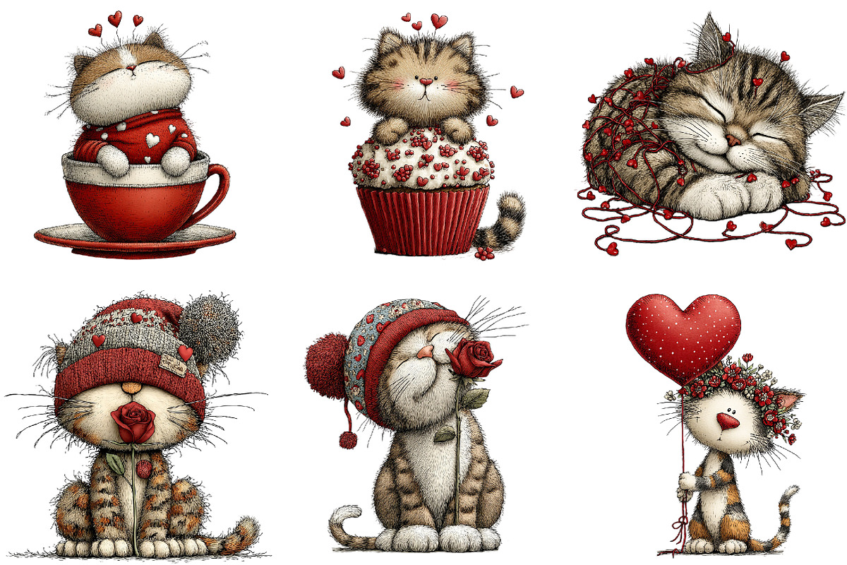 Valentine Whimsical Cat Clipart, an Illustration by DreamArtGraphic (Photo 2 of 5)