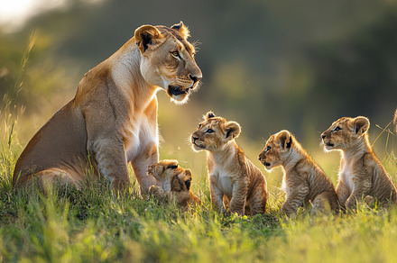 Lioness with her cubs in grassy fiel, a Background Photo by Pixeness