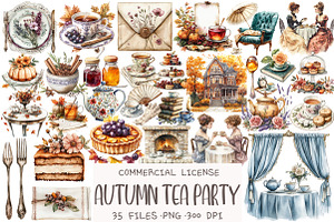 Watercolor Autumn Tea Party Clipart, an Illustration by OK Design