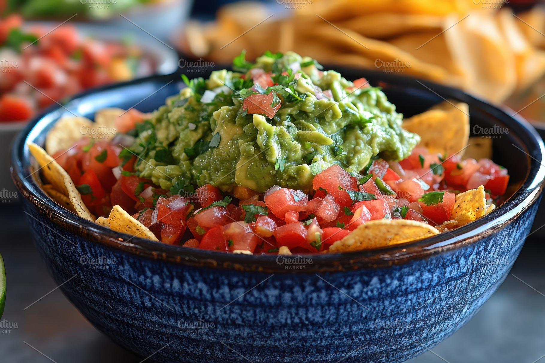 Delicious Guacamole Nachos in a Blue, a Background Photo by Pixeness