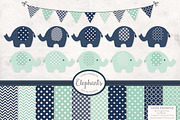 Navy & Mint Elephant Clipart, an Illustration by Amanda Ilkov (Thumbnail 1 of 3)