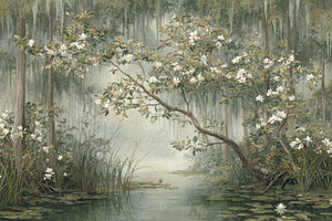 Magnolia Bayou Mural Wallpaper, a Decorative Illustration by Virgo Studio
