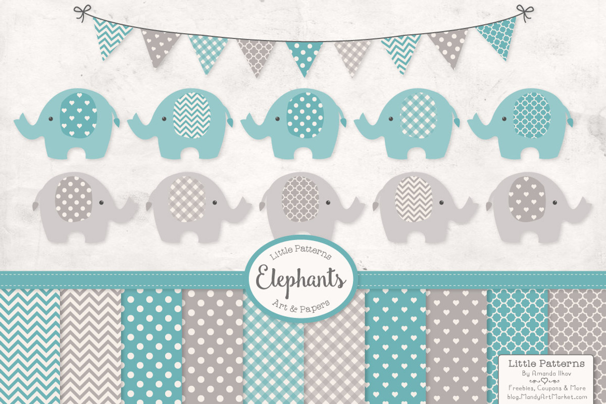 Vintage Blue Elephants and Patterns, an Illustration by Amanda Ilkov (Photo 1 of 3)