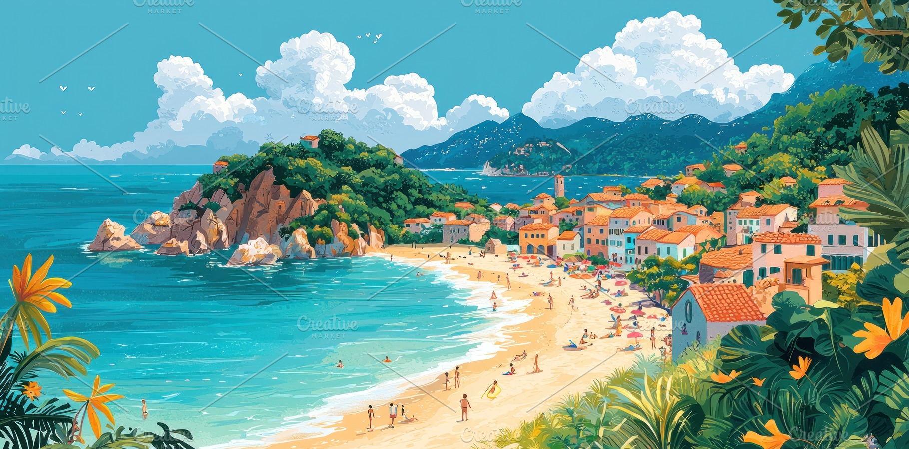 Colorful seaside village with terracotta rooftops, sandy beach,, a Holiday Photo by José Manuel Gelpi