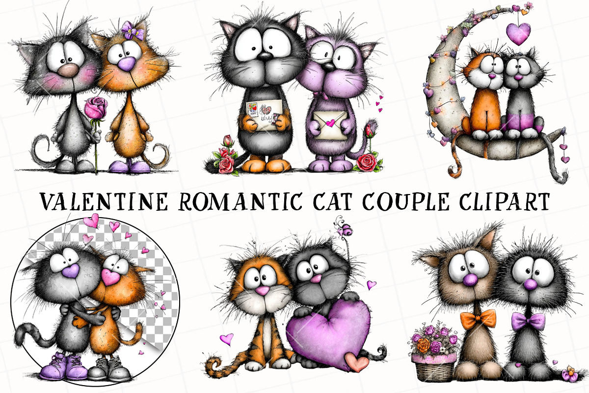 Valentine Romantic Cat Couple Clipar, an Illustration by OK Design (Photo 2 of 6)