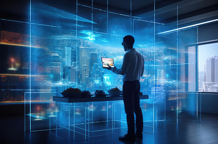 A photo of a person using a holographic display to interact with, a Technology Photo by designvectx