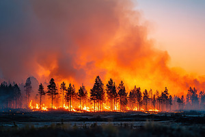 Wildfire consumes forest at dusk with bright flames and heavy smoke filling the, a Photo by AlyaAnd