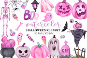Watercolor Pink Halloween Clipart, a Seasonal Illustration by PatternPalette (Thumbnail 1 of 2)