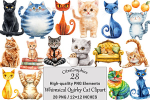 Whimsical Quirky Cat Clipart, a Seasonal Illustration by CitraGraphics