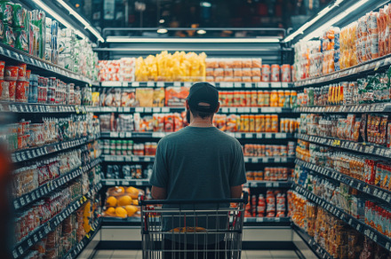 Man shopping in supermarket aisle fi, a Background Photo by Pixeness