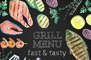 Watercolor bbq food and equipment., a Food Illustration by Natasha Koltsova (Thumbnail 3 of 4)