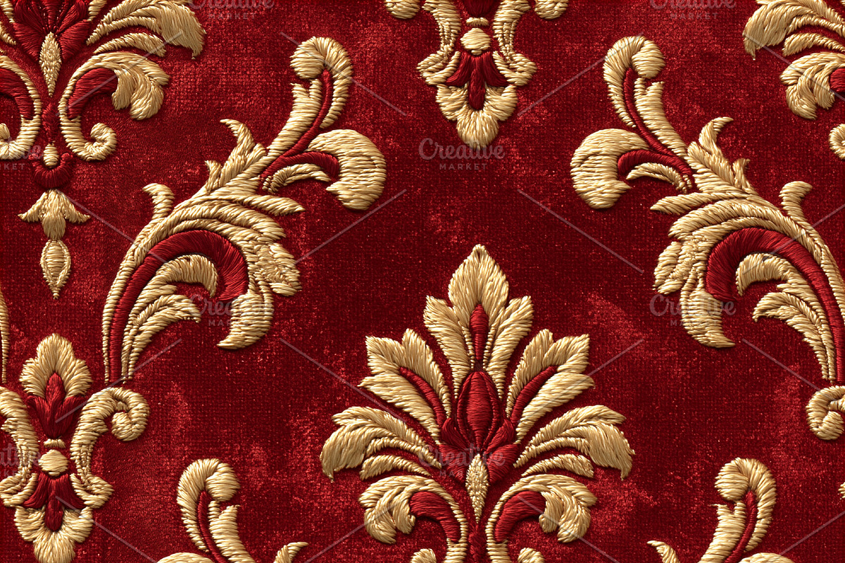 Seamless pattern red fabric with ornate gold and red embroidered, a Pattern Graphic by Studio ANNA