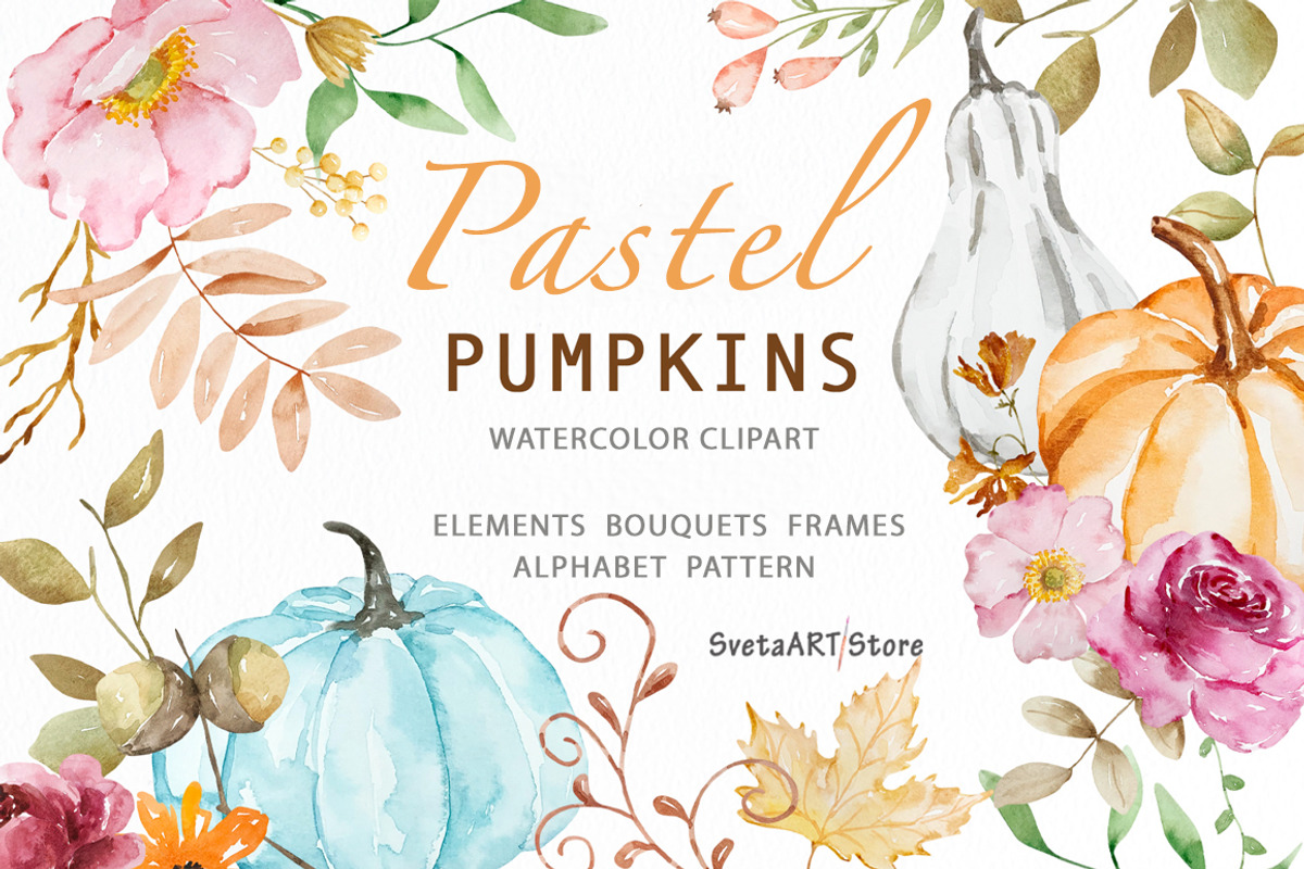 Watercolor Pastel Pumpkins Clipart, a Seasonal Illustration by SvetaArtStore (Photo 1 of 16)