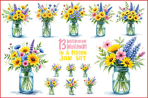 Wildflowers in Mason Jar Clipart Set, an Illustration by hafijul