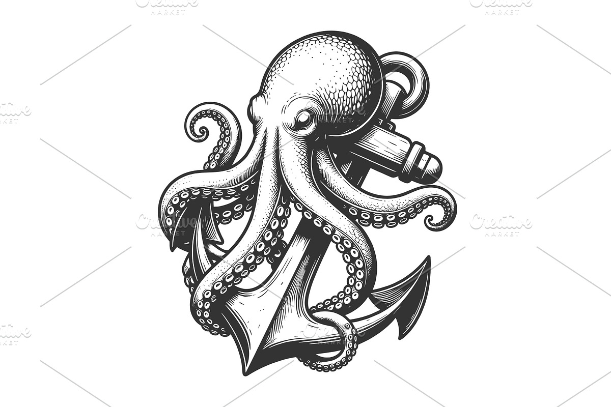 Octopus Wrapped Around Anchor, an Animal Illustration by AlexArt