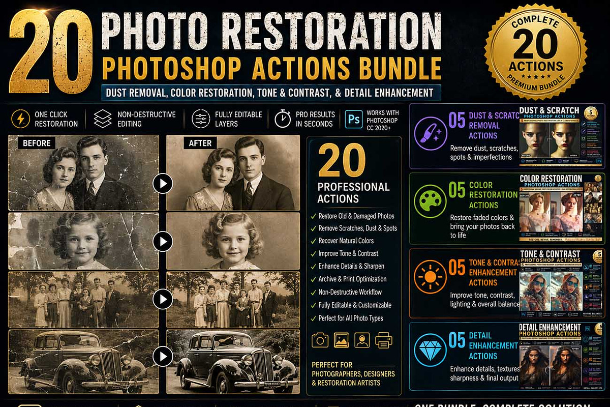 20 Photo Restoration Ps Action, an Action Add-On by Studio Retouch (Photo 1 of 45)