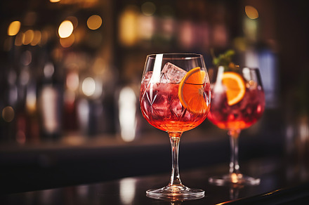 Alcohol cocktail in wineglass on bar table, a Food & Drink Photo by AlyaAnd