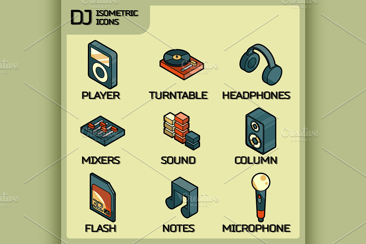 DJ color outline isometric icons, a Technology Illustration by Netkoff