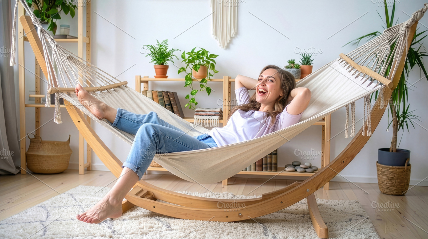 Young Woman Relaxing in Indoor Hammock, a Photo by Davizro's Market