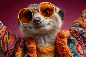 Trendy meerkat wearing colorful sweater and round sunglasses cel, an Animal Photo by José Manuel Gelpi