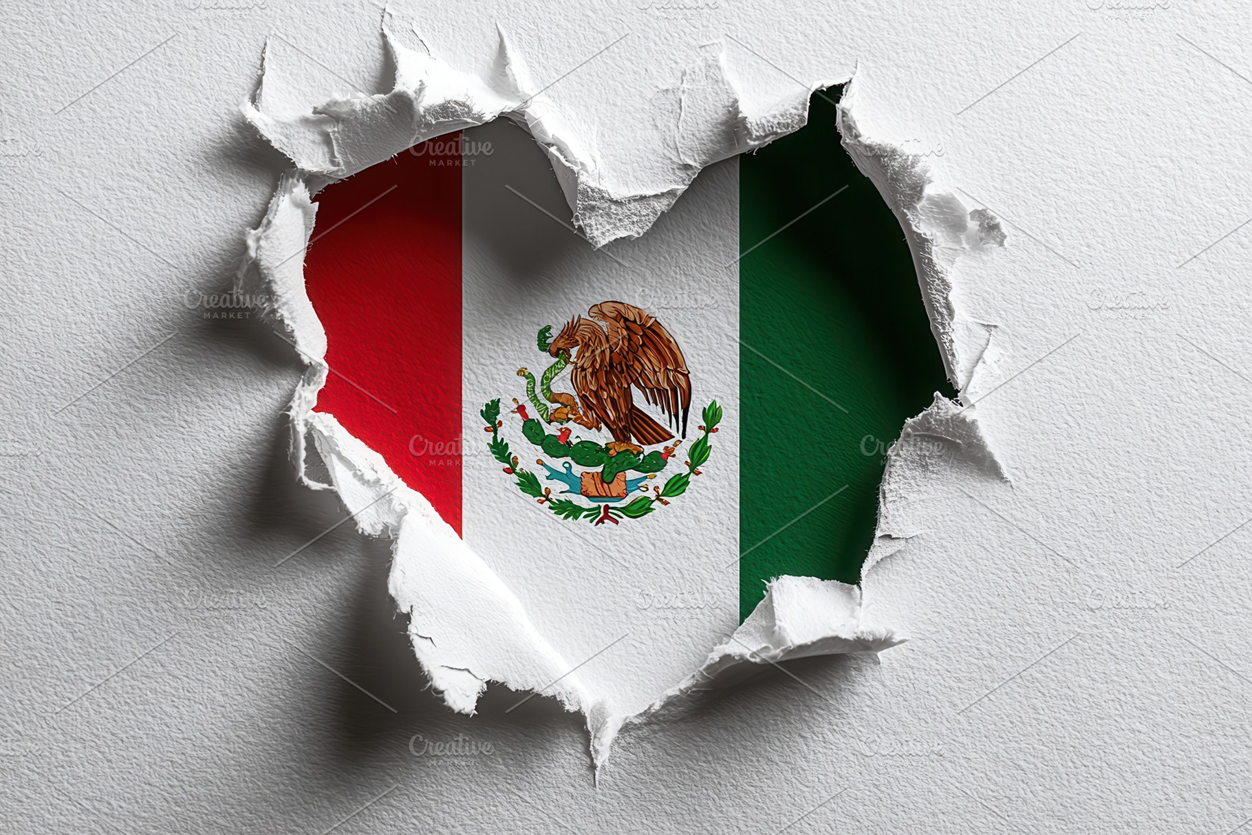 Mexican flag heart shaped hole torn, a Photo by Pixeness Studio