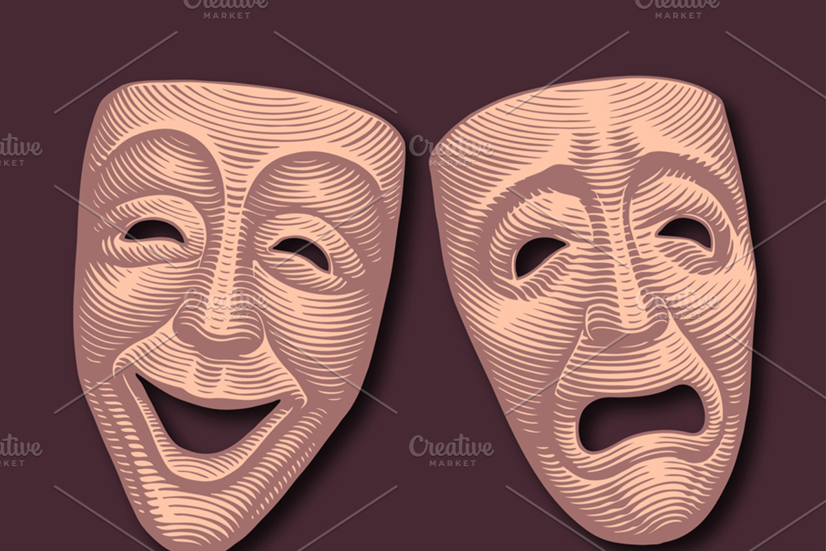 Theater Masks. Vector engraving, an Object Illustration by Vector Engraving (Photo 2 of 2)