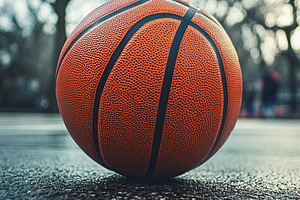 Basketball resting on a wet court during an overcast afternoon, a Sports & Recreation Photo by AlyaAnd