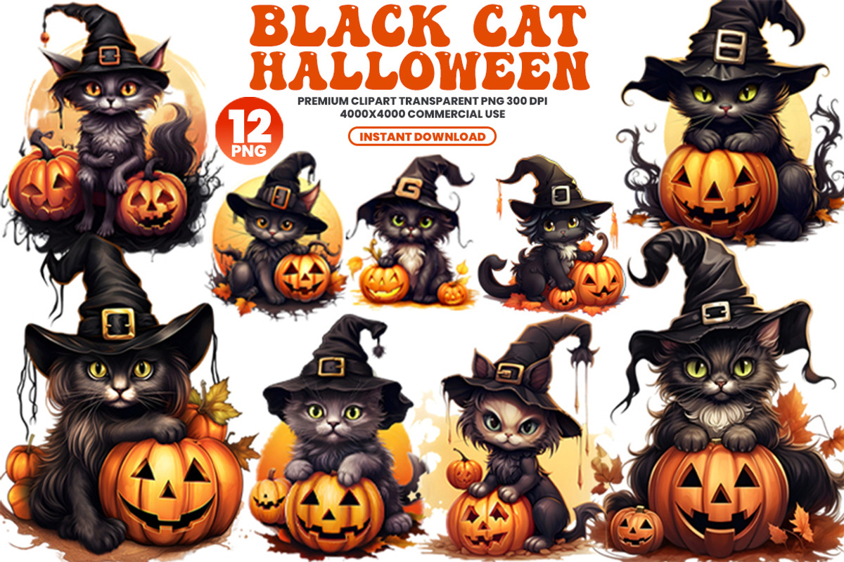 Halloween Black Cat Clipart Bundle, a Seasonal Illustration by Creative Arslan (Photo 1 of 9)