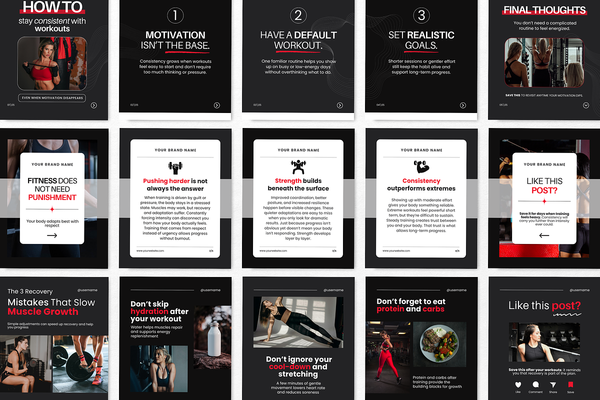Fitness Carousel Instagram Posts Red, a Social Media Template by DigiPax (Photo 3 of 11)