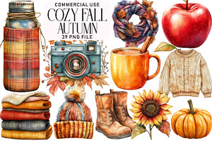 Cozy Fall Autumn Watercolor Clipart, an Illustration by Daily.Designs