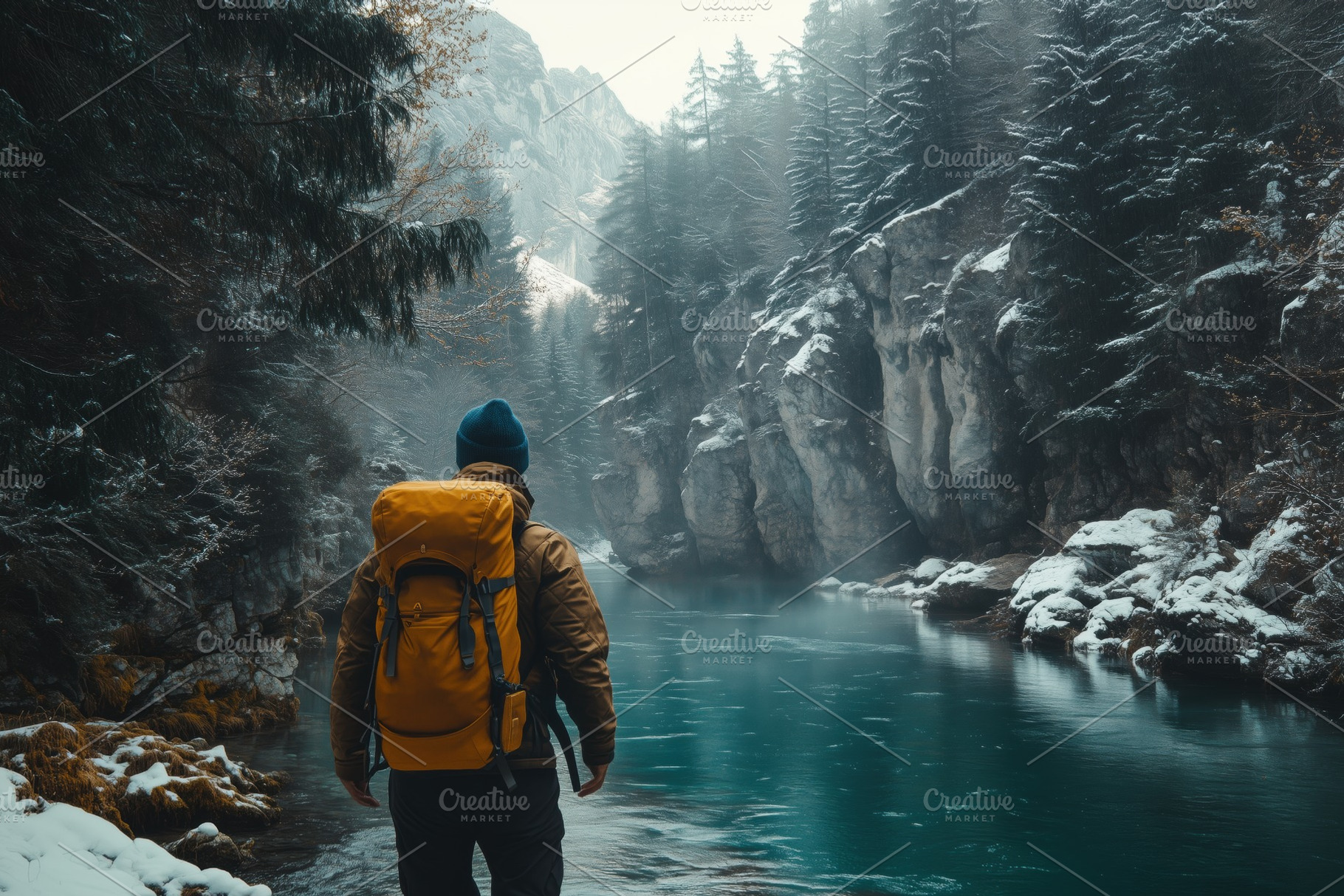A lone hiker stands by a serene river surrounded by snow-covered mountains and, a Person Photo by Textures & Backgrounds